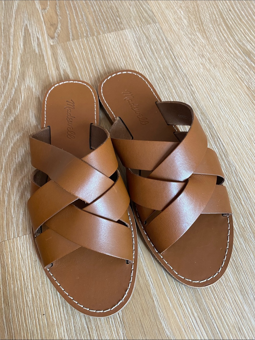 New Madewell Cognac Leather Crisscross Slide Sandals Sz 7